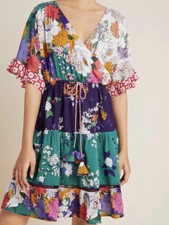Anthropologie Dresses & Skirts - Anthropologie Floral Patchwork Tiered Mini Dress Small Multi Color Modal Boho